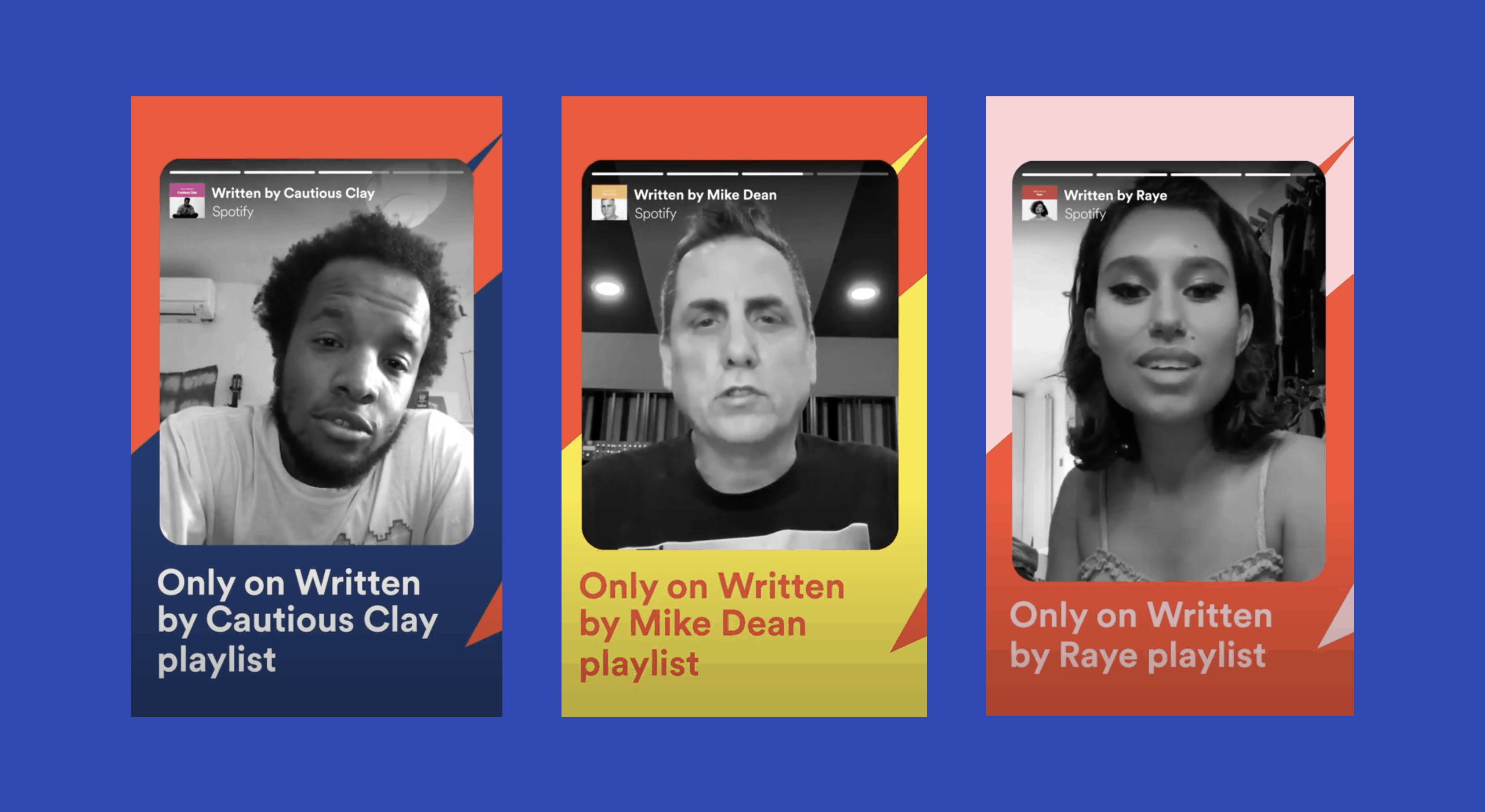 Vibrant social media graphics featuring black and white portraits of diverse artists for music playlists on Spotify, highlighting exclusive content on Written by playlists with bold colorful backgrounds.