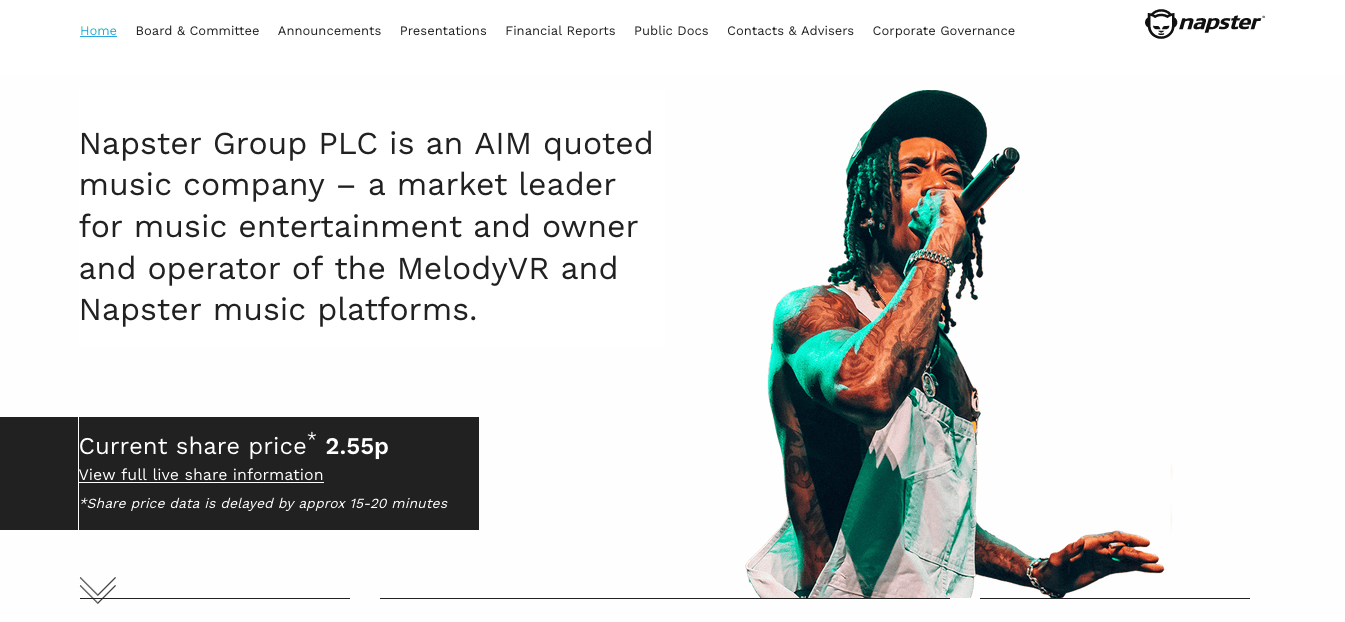 AIM quoted music company Napster Group PLC leading in music entertainment and platforms, featuring a dynamic artist performing live music to showcase Napster’s innovative music and virtual reality technology.