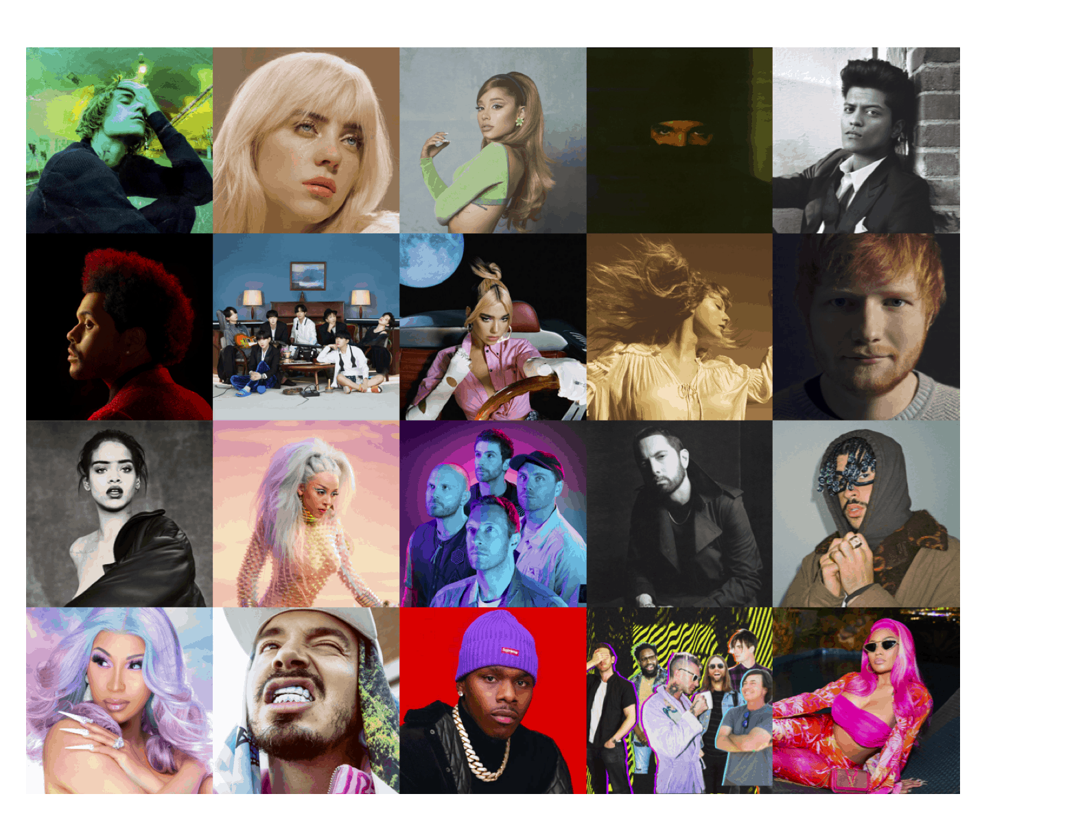 Vibrant collage of emerging and mainstream music artists, showcasing diverse genres, styles, and personalities in the music industry for trend insights and artist promotion.