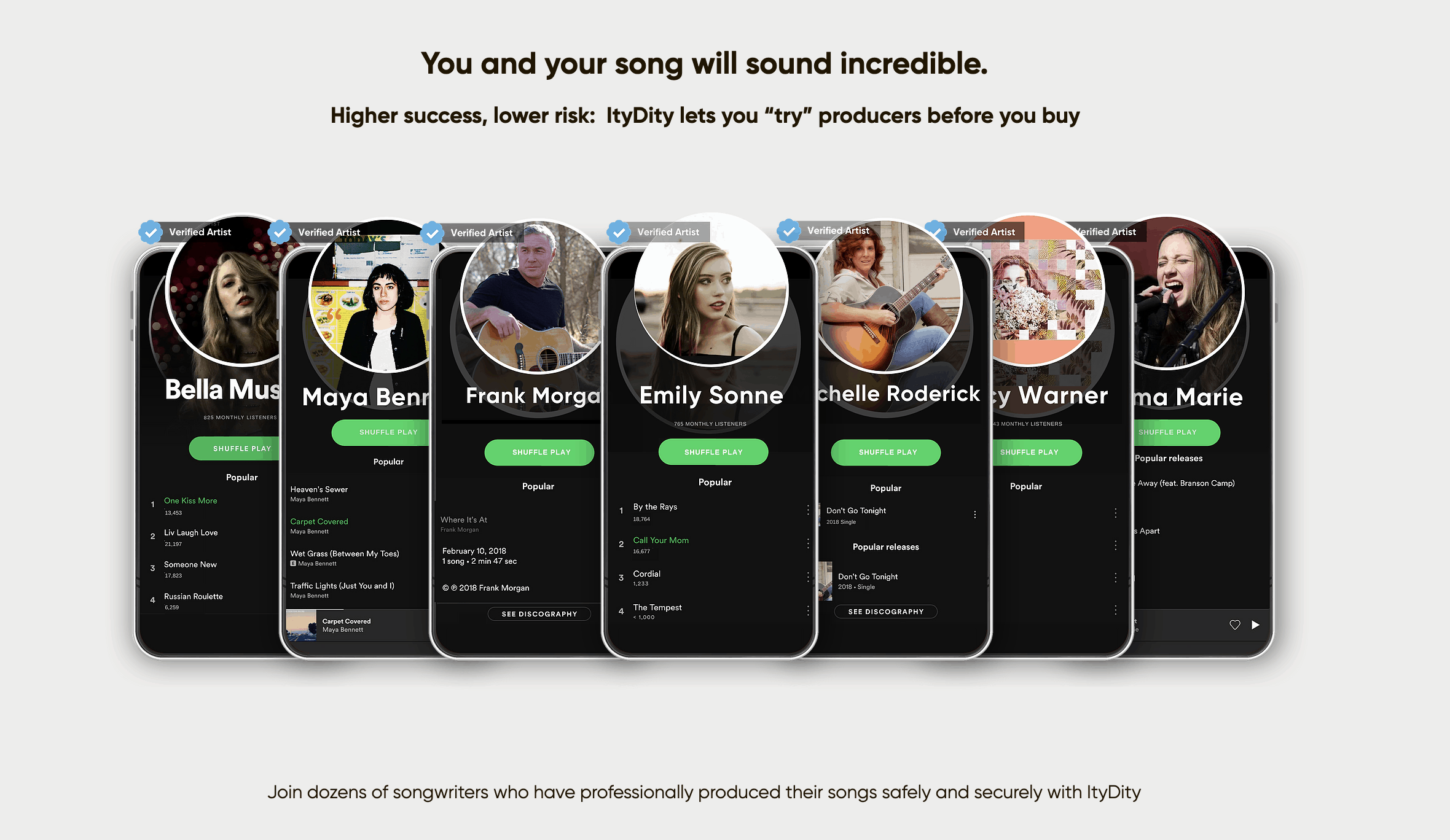 A collection of artist profiles and songs on a music streaming platform emphasizing music discovery, safe song sharing, and collaboration for songwriters and artists.