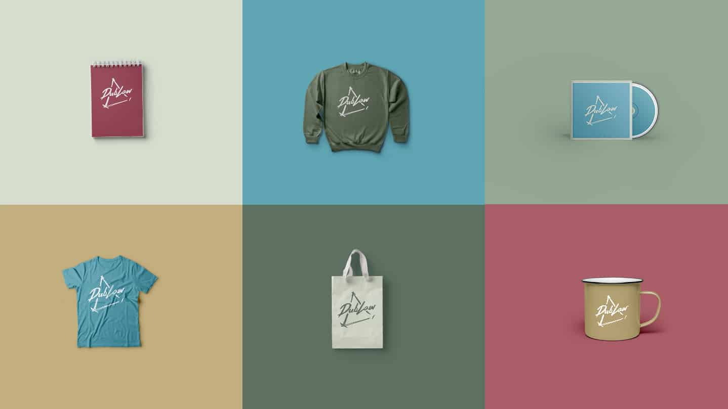 Colorful merchandise collection including notebooks, hoodies, T-shirts, tote bags, mugs, and CDs with the "Dubloom" logo, perfect for music fans and branding, showcased on pastel backgrounds.