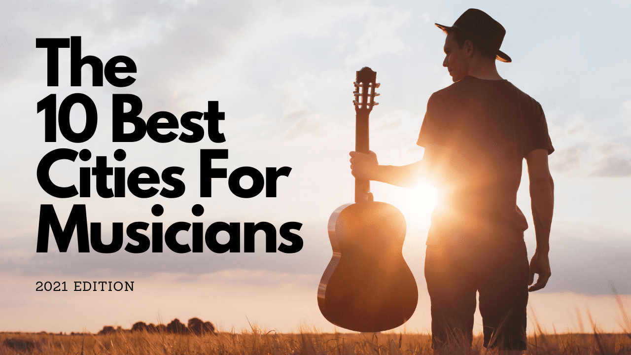 Young male musician holding an acoustic guitar at sunset, promoting the best cities for musicians in 2021. A scenic outdoor setting with a peaceful sky, ideal for music industry insights and artist travel tips.