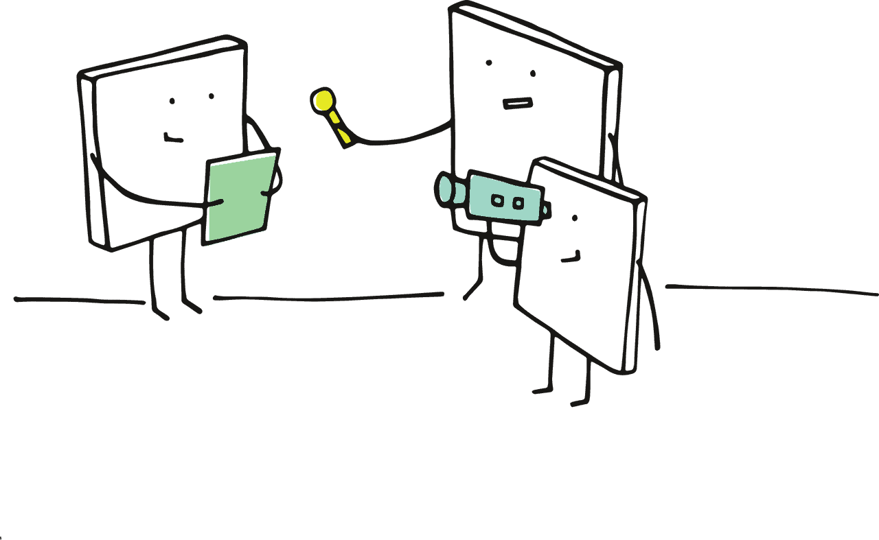 A digital illustration of animated chatbots communicating with each other using screens and speech bubbles.