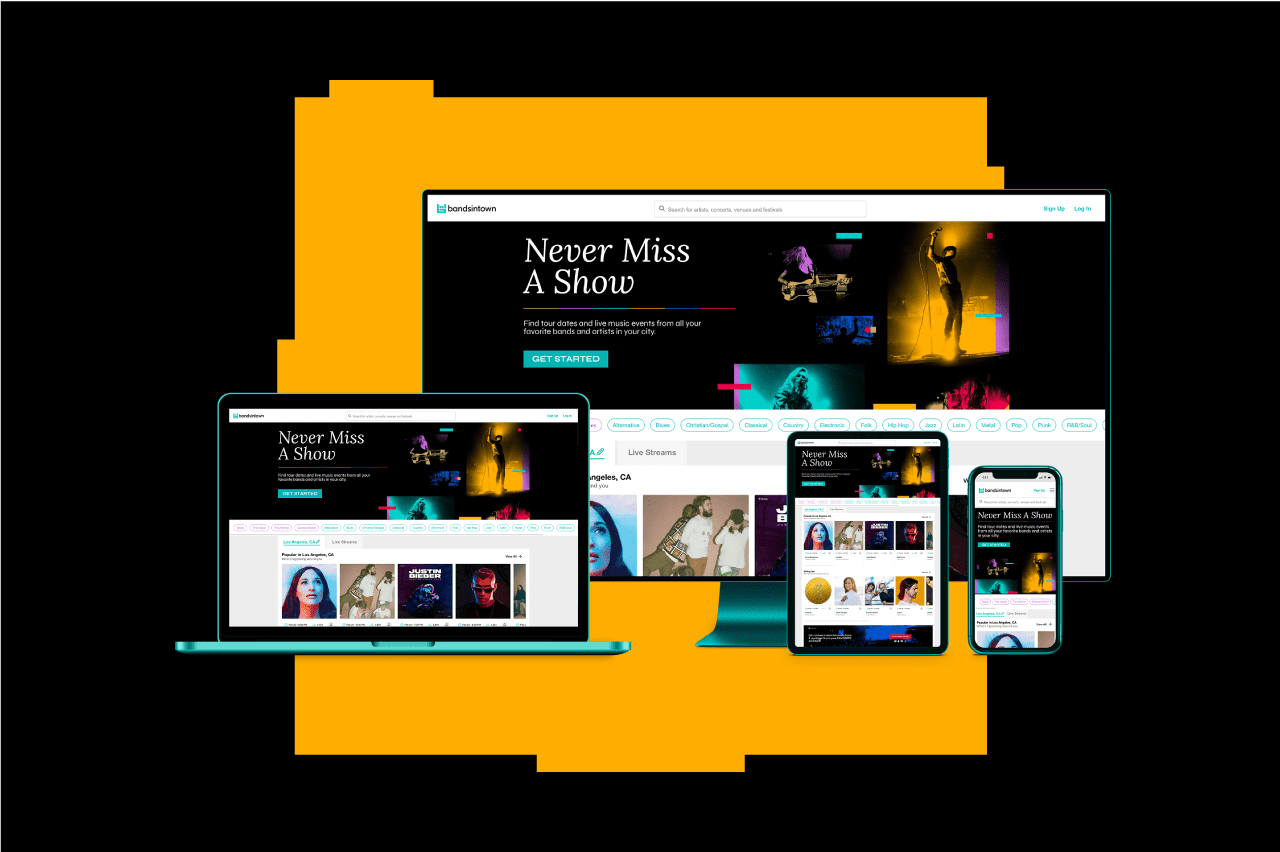 Bandsintown concert app interface displayed on multiple devices including a laptop, tablet, and smartphone showcasing music event listings and live stream features SEO music event discovery platform.