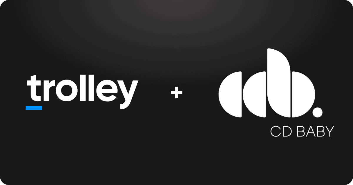 Trolley and CD Baby partnership logo, digital music distribution and independent artist support, black background, white graphics, music industry collaboration, streamer services, online music platform.