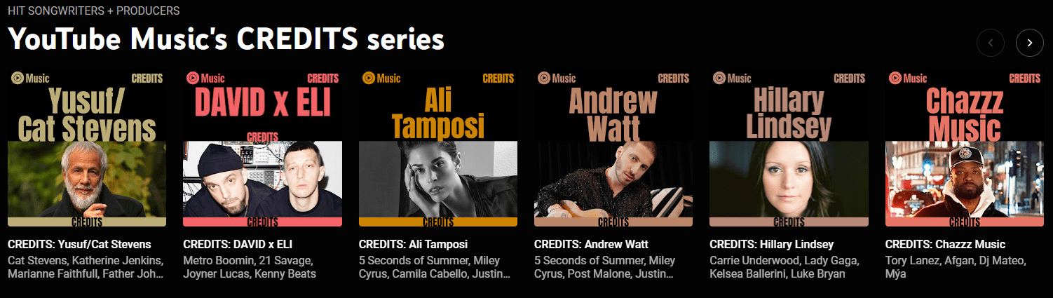 Yusuf Cat Stevens, David x ELI, Ali Tamposi, Andrew Watt, Hillary Lindsey, Chazzz Music featured in YouTube music credits series, showcasing popular songwriters and producers in the industry.