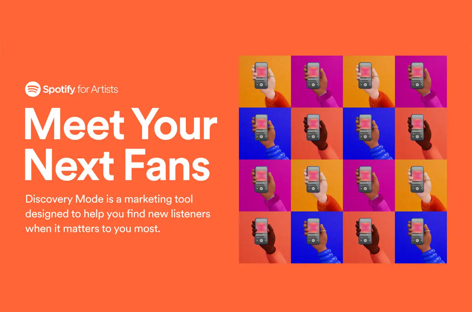 Hand holding smartphone with colorful background, digital marketing, music industry, Spotify for Artists, fan engagement, discovery mode, music promotion, social media marketing, music industry trends, artist-fan connection.