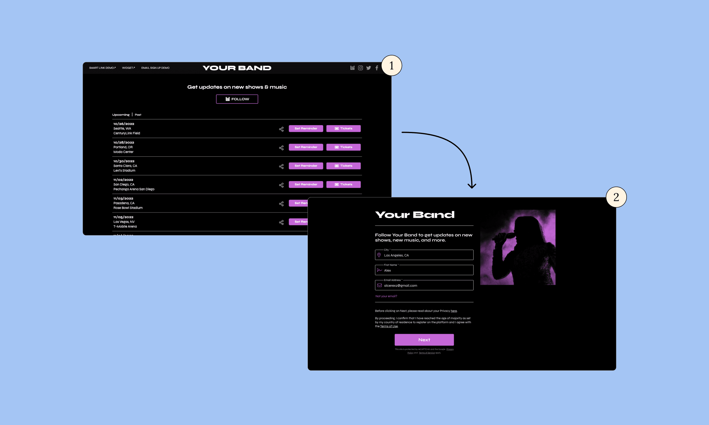 "Music artist fan sign-up page with upcoming concert dates and personalized subscriptions".