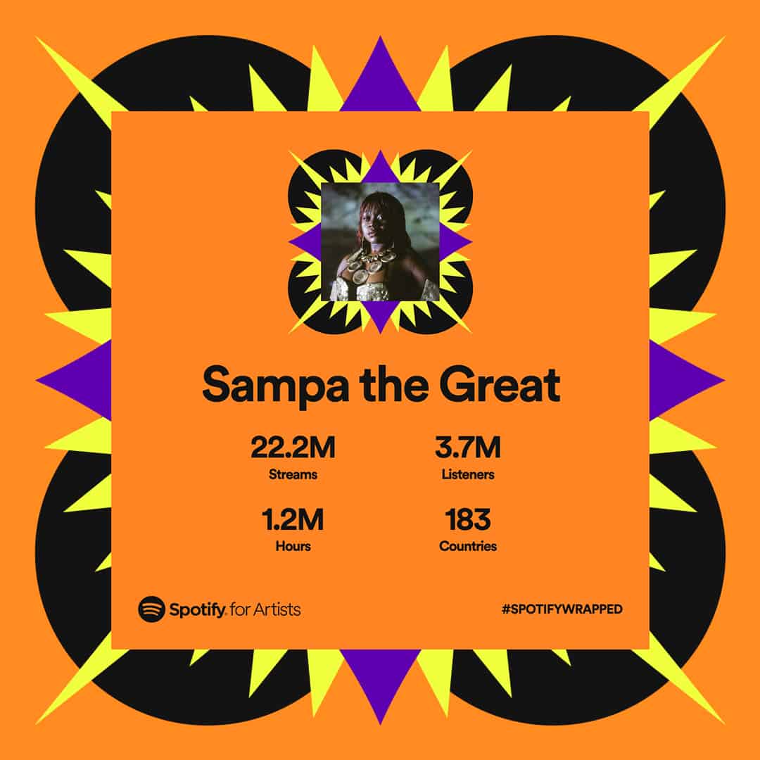 Vibrant orange and black music streaming infographic highlighting Sampa the Great’s Spotify stats, featuring a colorful geometric background, a central artist image, and key metrics like streams, listeners, hours, and countries.