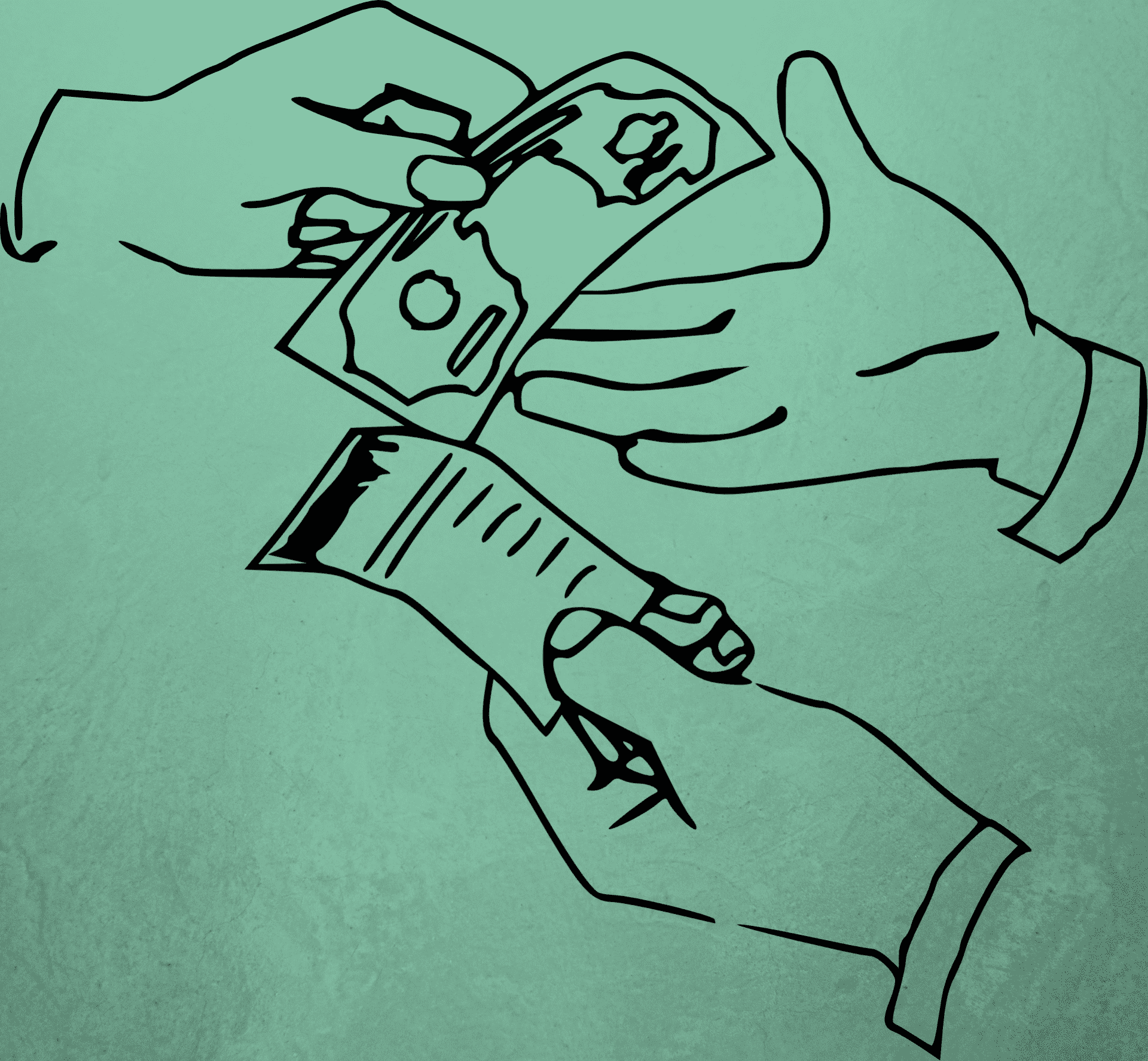 Money exchange illustration, hands exchanging cash, financial transaction, digital payment concept, line art drawing for finance or business topics.