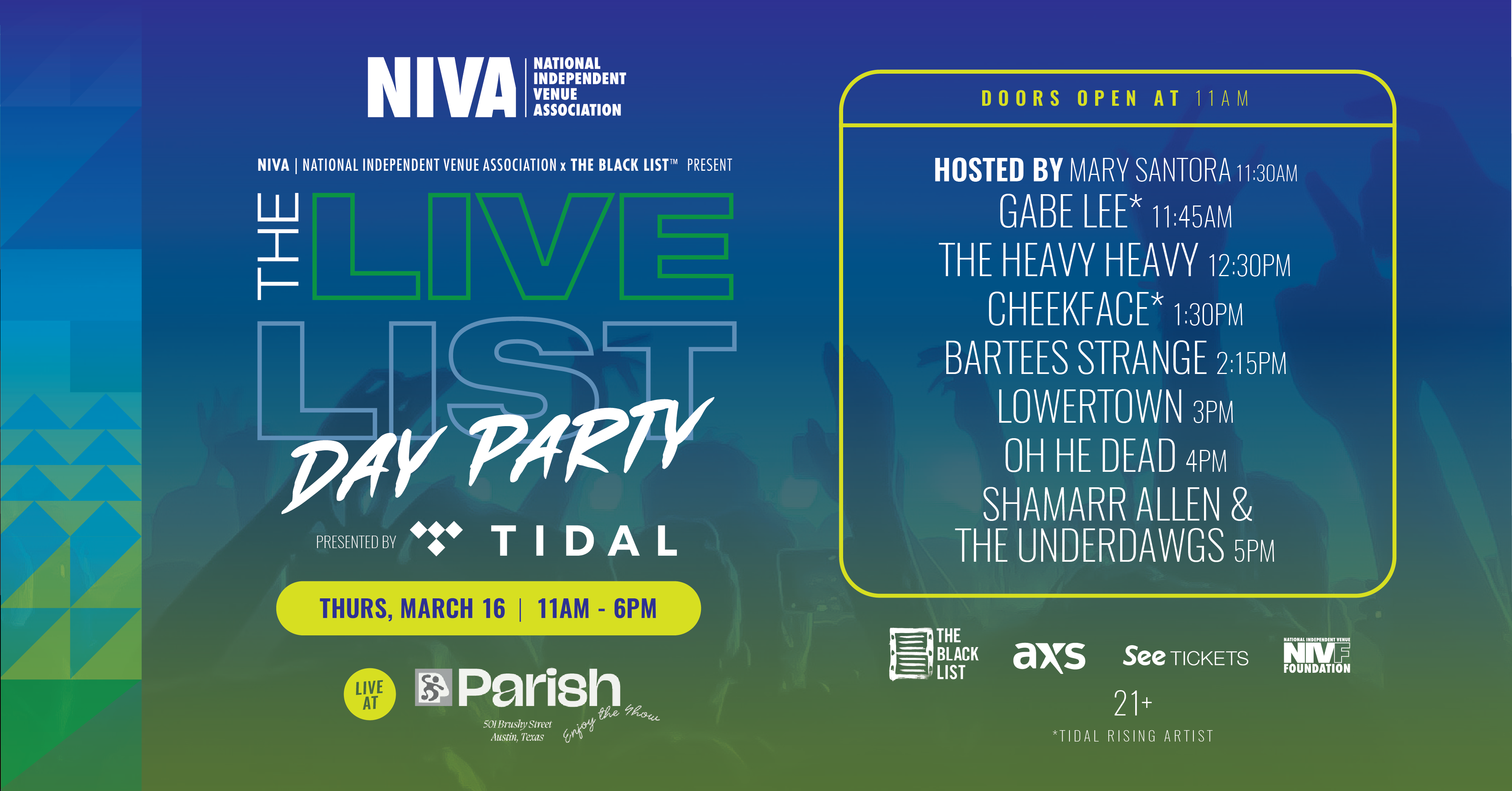 NIVA live music event poster featuring the day party schedule and lineup at Parish Austin Texas for the NIVA Day Party presented by Tidal.