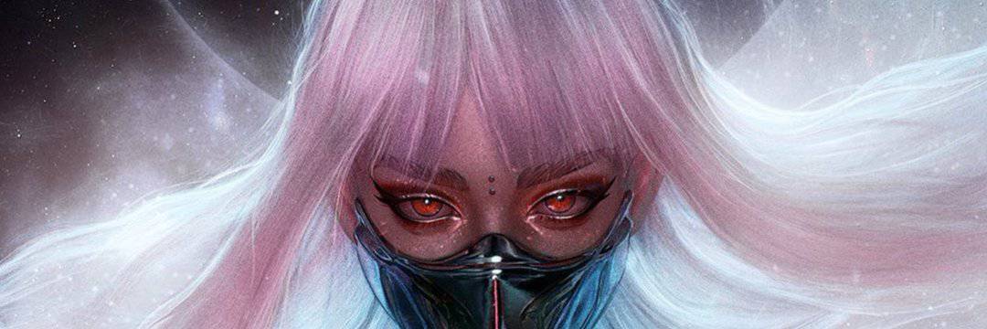 Futuristic female character with glowing red eyes and pink hair, wearing a high-tech mask, in a sci-fi digital art style emphasizing innovation, technology, and digital culture.