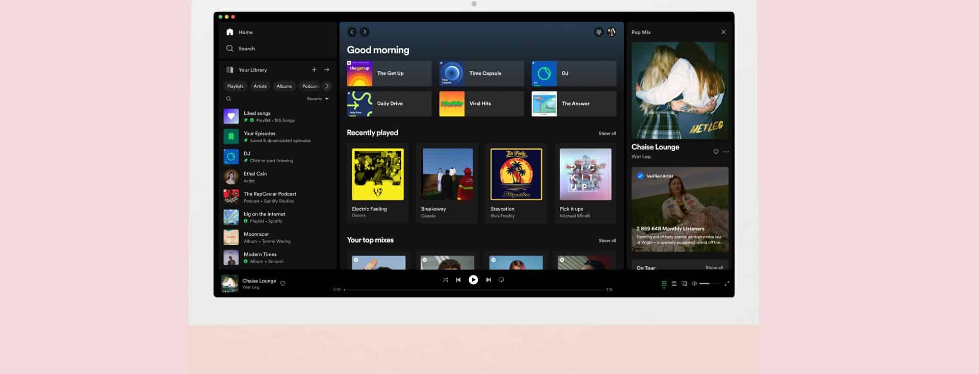 Search engine optimized music streaming app interface on digital device, Spotify playlist and podcast management, music discovery and top hits selection, online music platform, Hypebot featured music technology image.