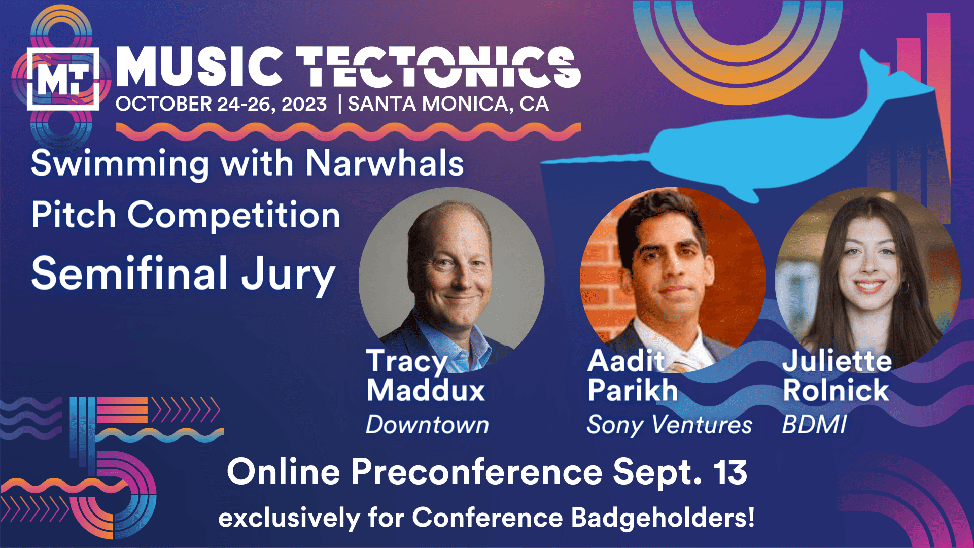 Music Tectonics conference digital poster showcasing keynote speakers and event details for October 24-26, 2023, in Santa Monica, CA, emphasizing innovation in music industry trends.