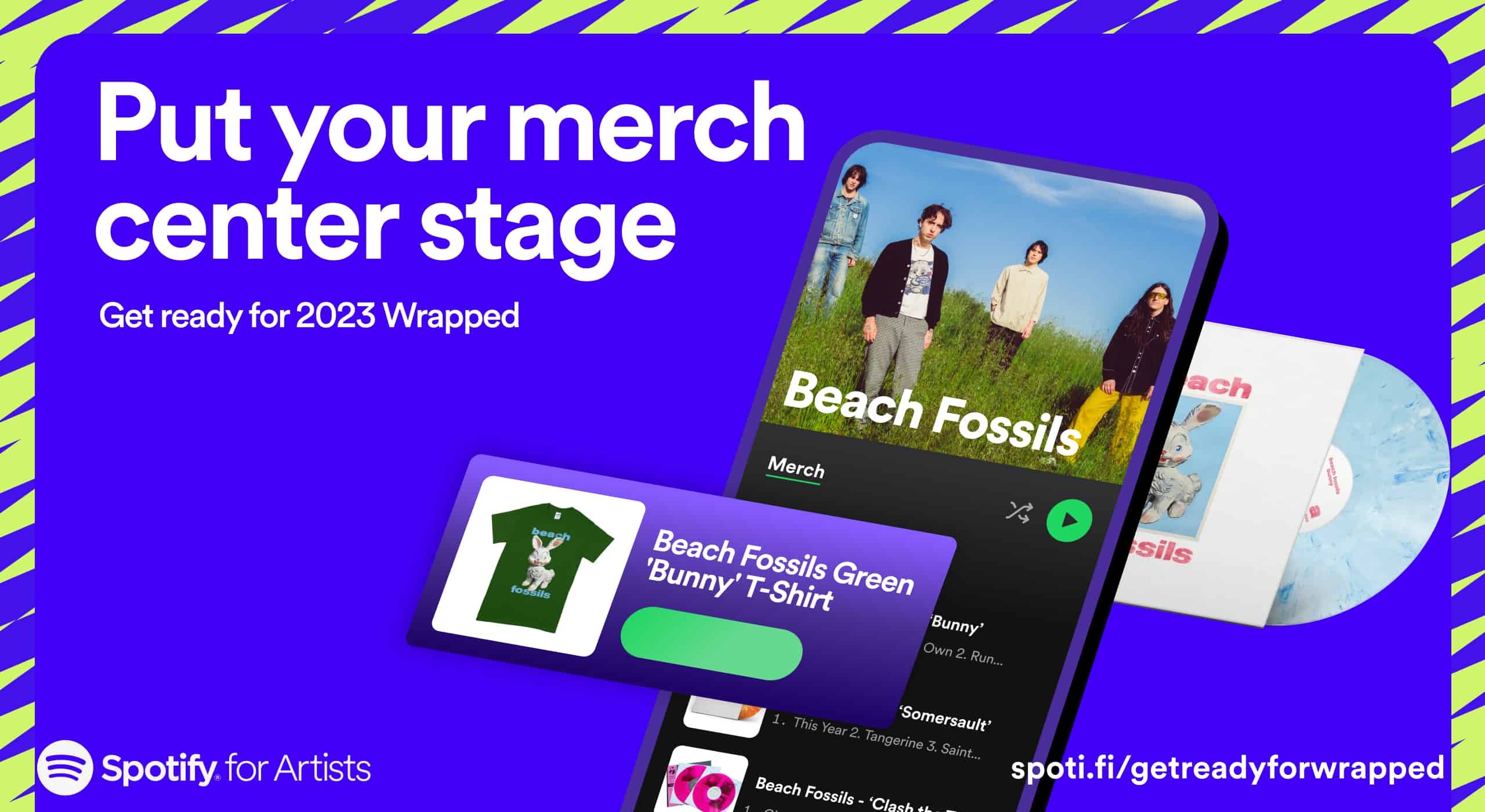 Beach Fossils Green Bunny T-Shirt, music merchandise, artist branding, album art, digital music promotion, Spotify for Artists, music marketing, merchandise display, music branding, music industry promotional tools.