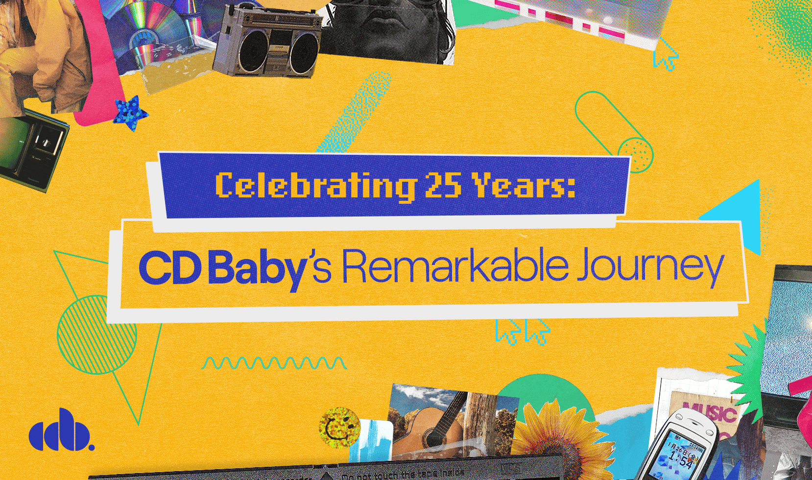 Celebrating 25 years of CD Baby's remarkable journey in the music industry with a vibrant collage of music-related images and colorful graphic elements.