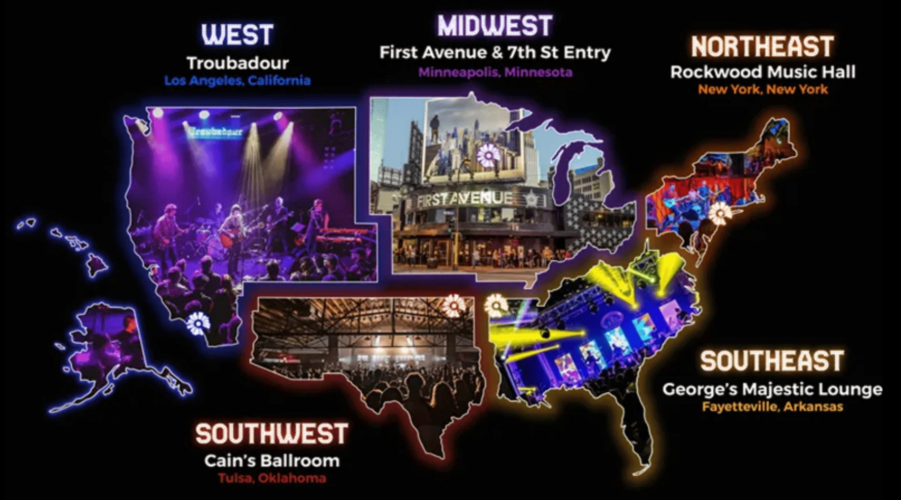 Live music venues across the United States, showcasing iconic concert halls and stages in each region, from Troubadour Los Angeles to Cain's Ballroom Tulsa, emphasizing regional music scenes and event spaces.
