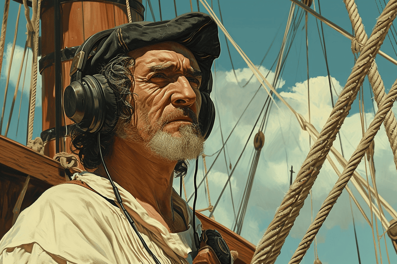 Hypebot, man with headphones on a sailing ship, overseeing the sea voyage, sound and music technology, maritime adventure, nautical background, audio equipment, outdoor scene, bright sky, exploration, modern technology meets traditional sailing.