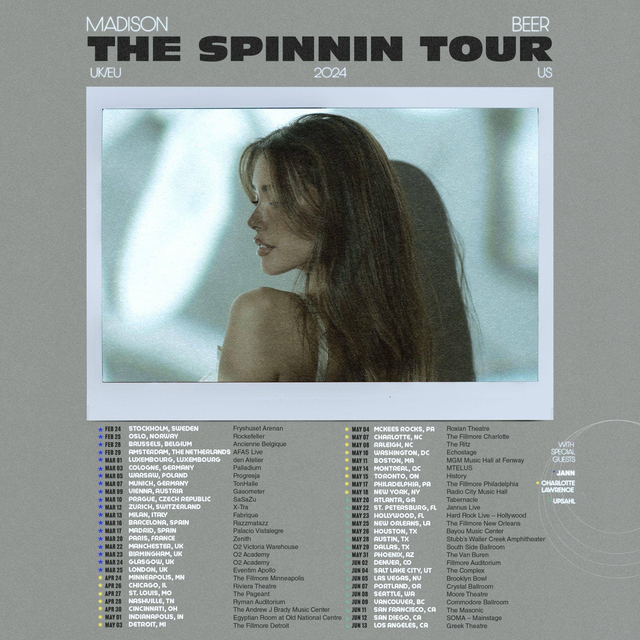 Stocking, woman, concert tour poster, music tour, Hypebot, music industry, artist promotion, live music event, 2024 tour dates, concert promotion, music fans, tour announcement, Venus, Madison, The Spinnin Tour.