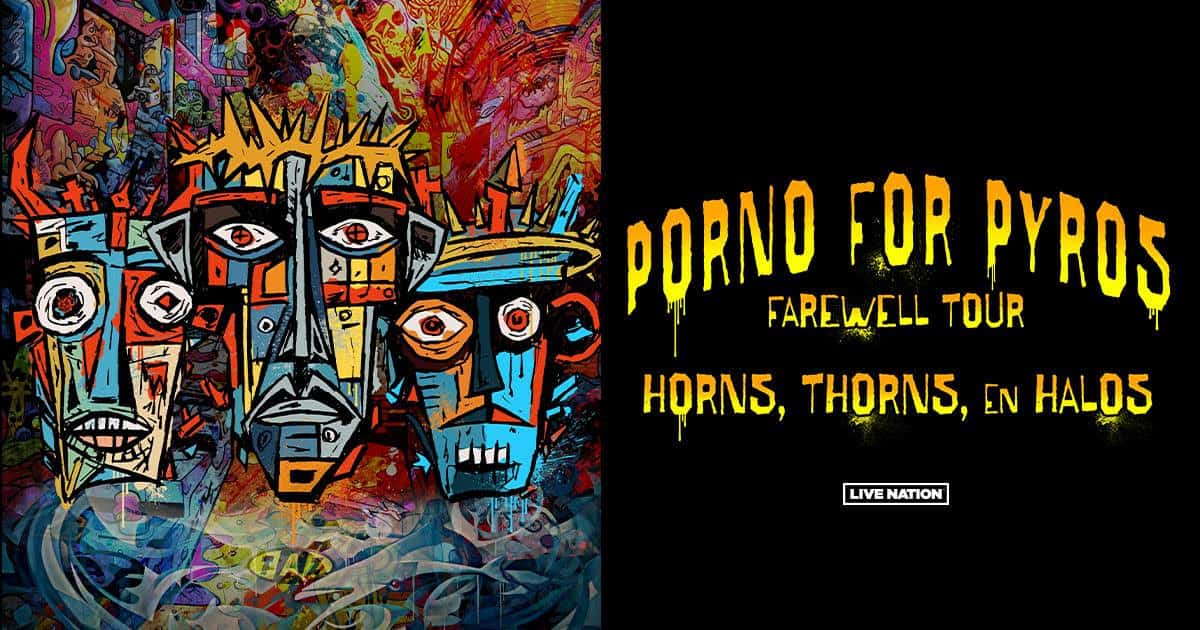Colorful graffiti-style artwork featuring stylized faces with eyes and skeletal features, promoting the Pando For Pyros farewell tour, Horns, Thorns, En Halos, with vibrant colors and edgy design.