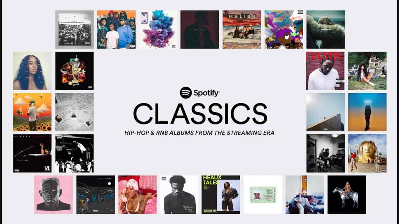 A collage of classic hip-hop and R&B album covers highlighting the evolution of streaming era music from Spotify Hypebot.