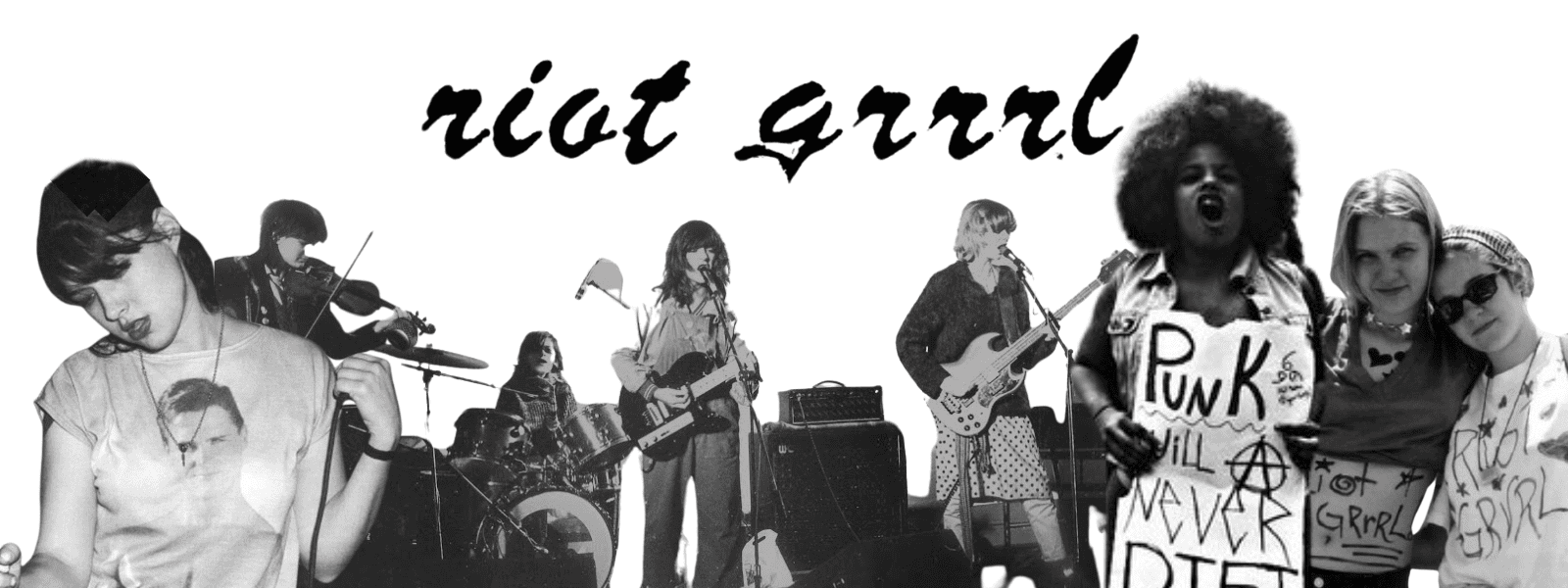 Riot grrrl feminist punk music movement, women-led alternative rock band performing on stage with guitars and drums, empowering female musicians, 90s underground music scene, anti-establishment feminist activism, music festival performance, diverse women artists, school girl punk style, bold message on protest signs, vibrant live music energy.