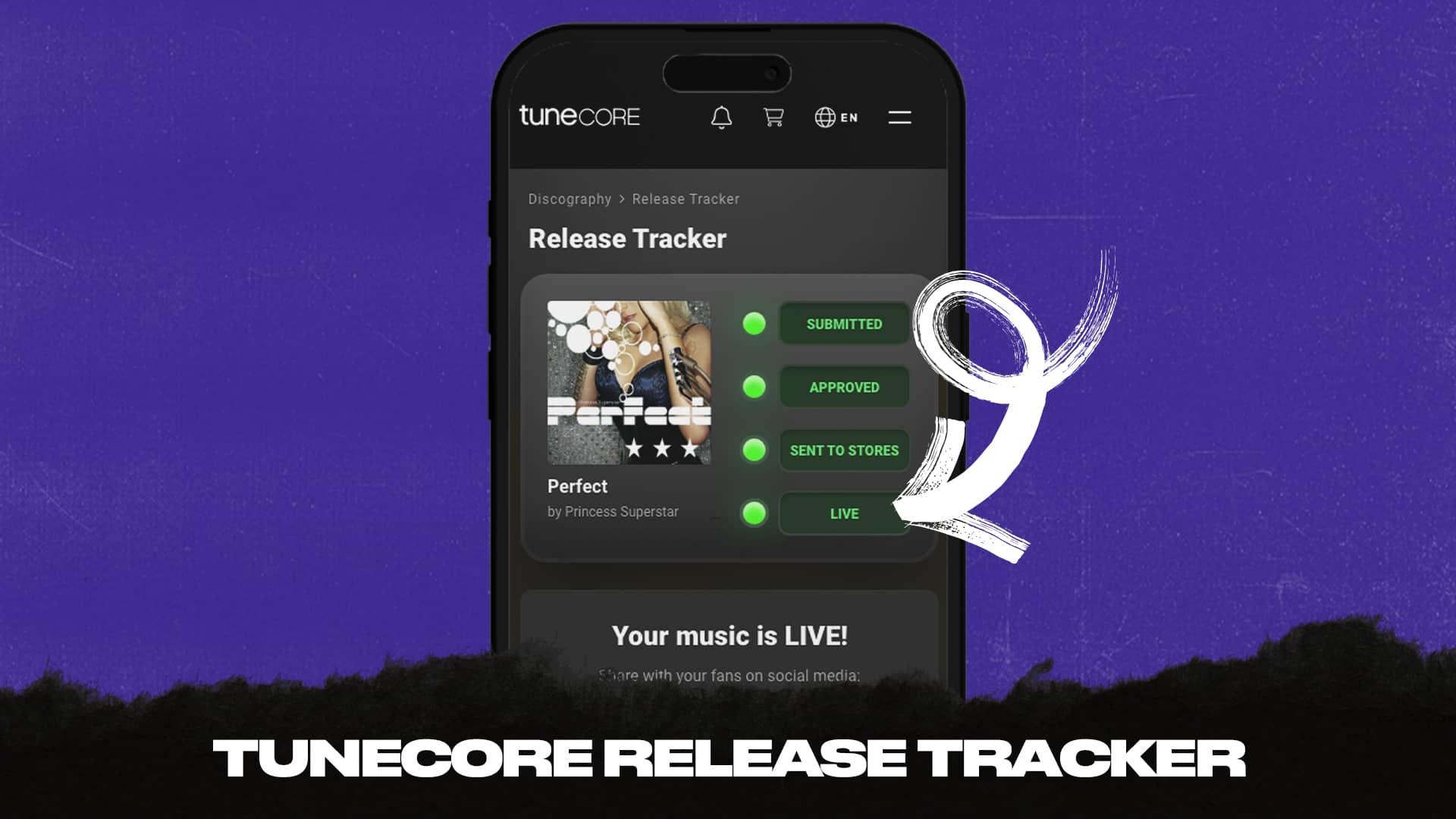 Digital music release tracker app on smartphone screen, showcasing music status updates like submitted, approved, sent to stores, and live, emphasizing music distribution and artist promotion tools.