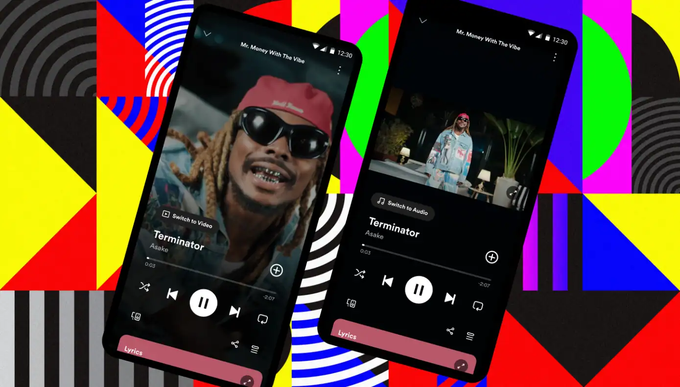 Mr. money with the vibe music app screenshots showcasing the song "Terminator" by Asake on a vibrant, colorful background with geometric patterns, highlighting music streaming and digital entertainment.