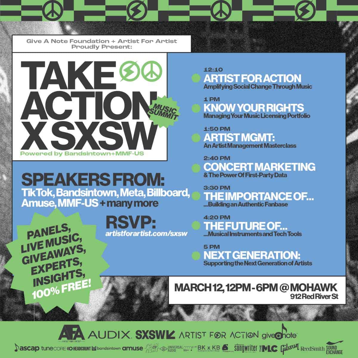 Music festival SXSW event poster with panels, live music, and artist management sessions emphasizing music industry conferences.
