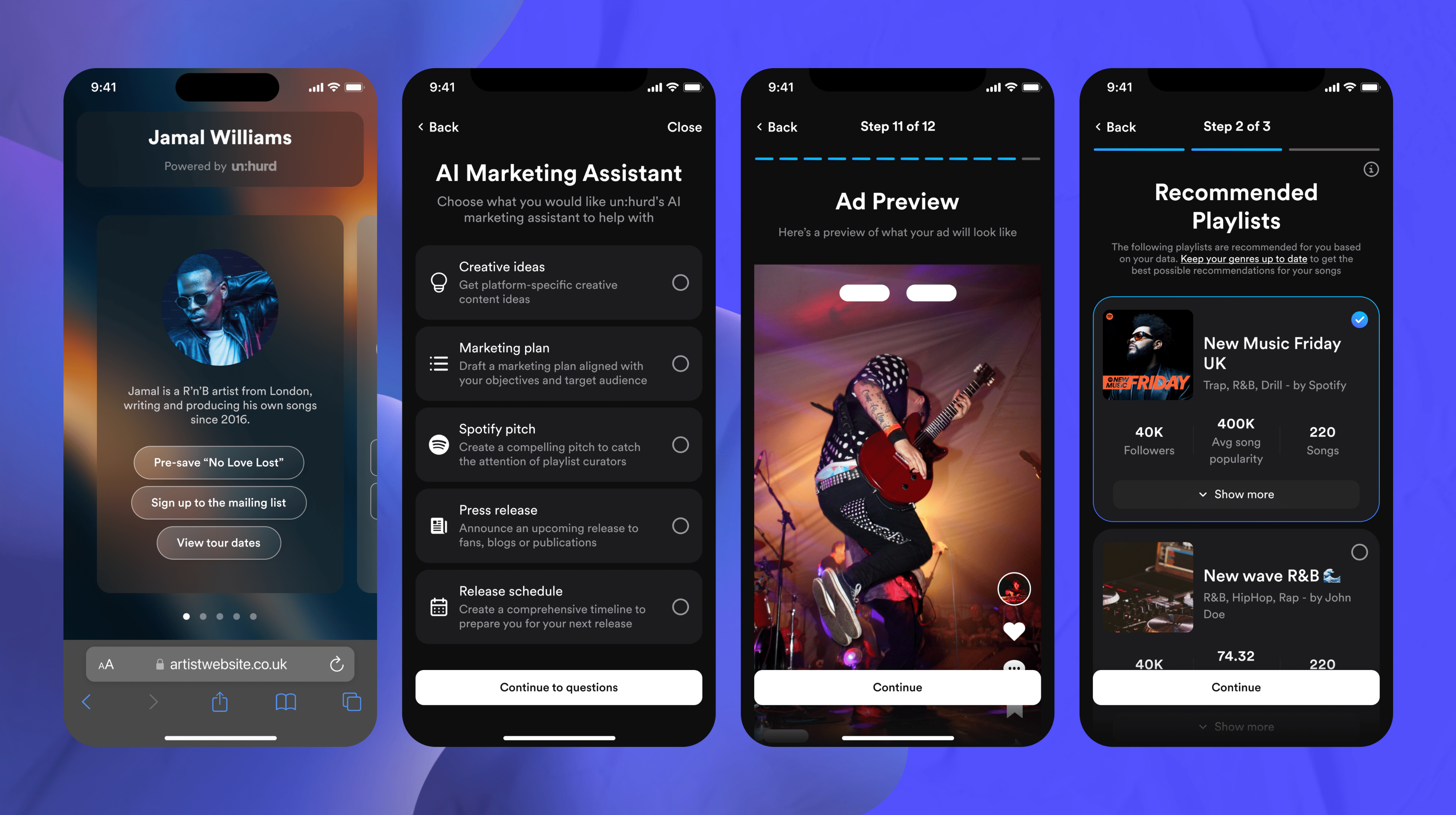 AI-powered music artist profile and promotional app interface showcasing artist Jamal Williams, AI marketing assistant, ad preview, and playlist recommendations for independent musicians.