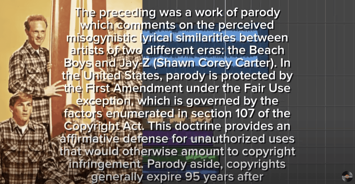 Parody copyright law US First Amendment legal commentary about fair use and misogynistic lyric similarities between Beach Boys and Jay-Z music videos.