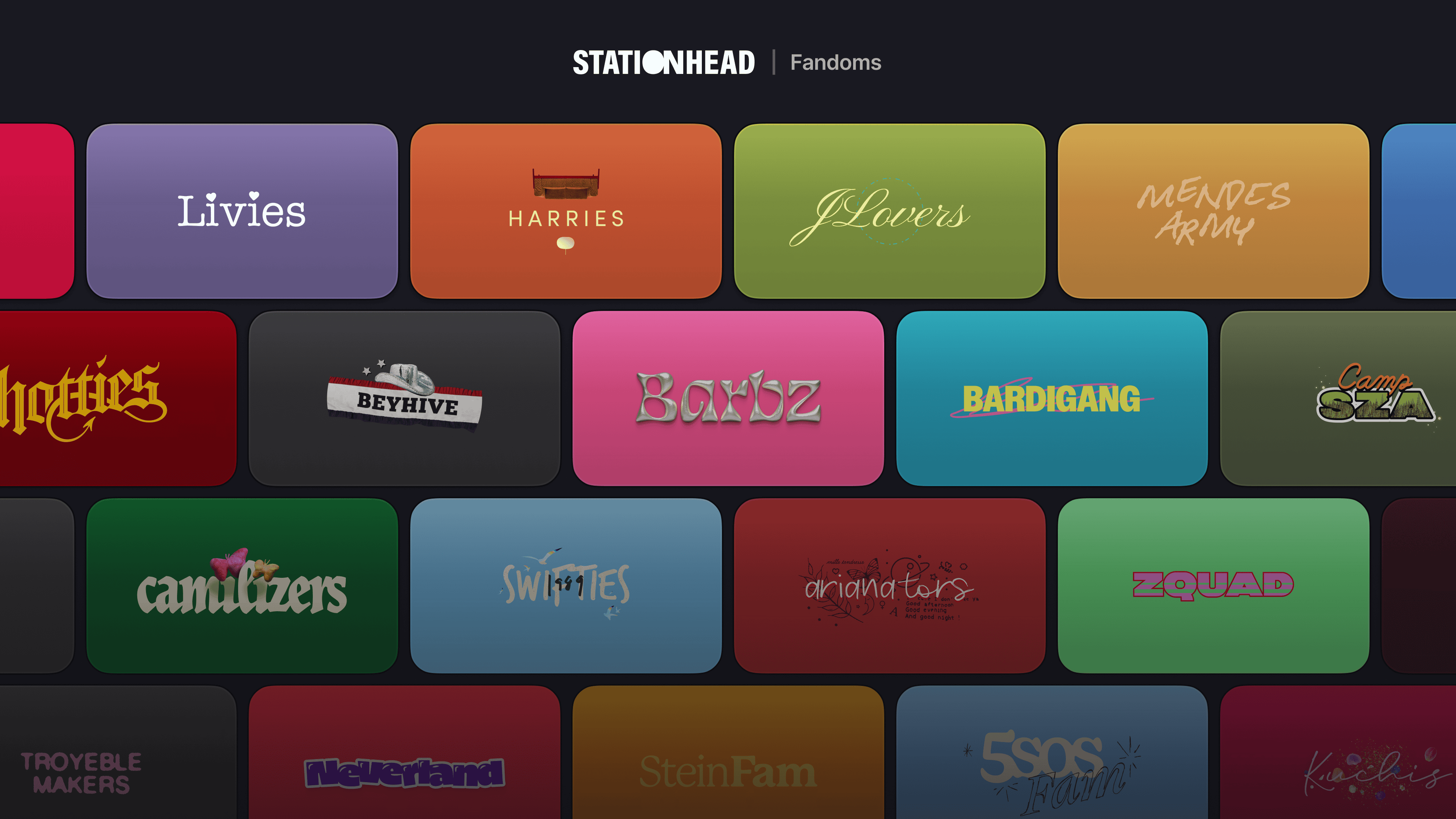 Exclusive independent artist fan community showcasing diverse band logos and fan merchandise for music enthusiasts and collectors.