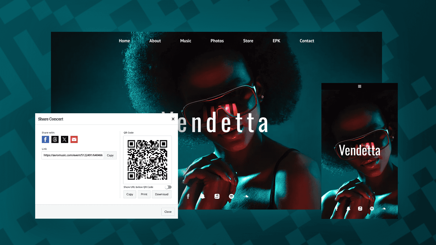 Vendetta music artist promotional image with QR code for sharing music event on social media platforms.