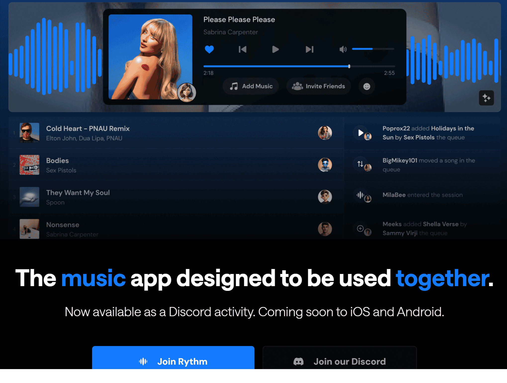 Music app interface showing a playlist with track titles, artist names, and user interactions, featuring a dark theme, music controls, and social sharing options.