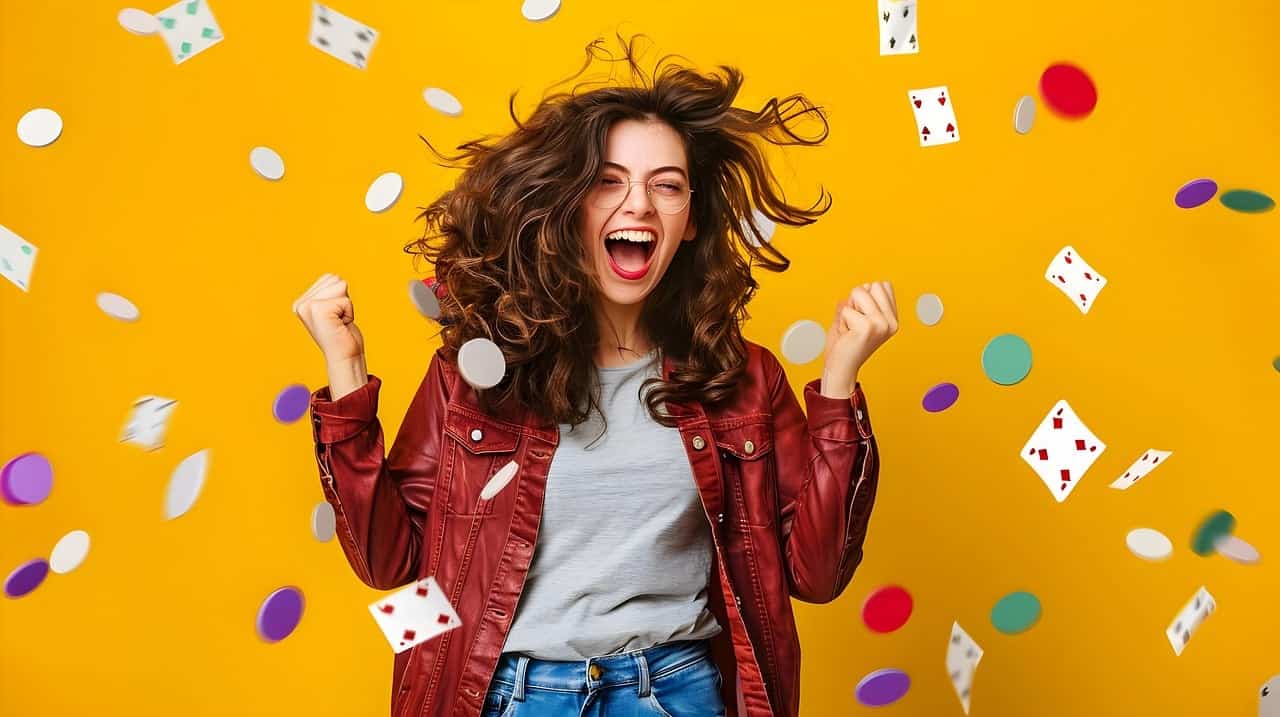 Happy woman celebrating with colorful confetti and playing cards on a bright yellow background.