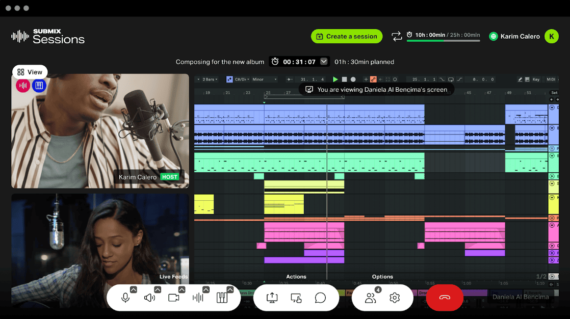 Professional music production and collaboration online on Hypebot platform with digital audio workstation interface and virtual studio tools.
