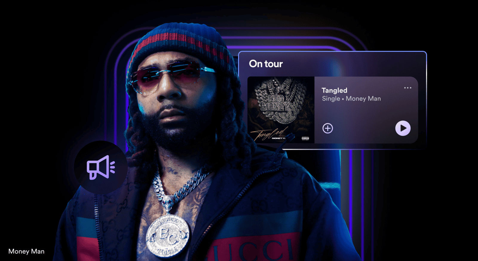 Money man rapper hip-hop artist wearing luxury fashion jewelry sunglasses and hoodie on digital music streaming interface with album cover and song info.