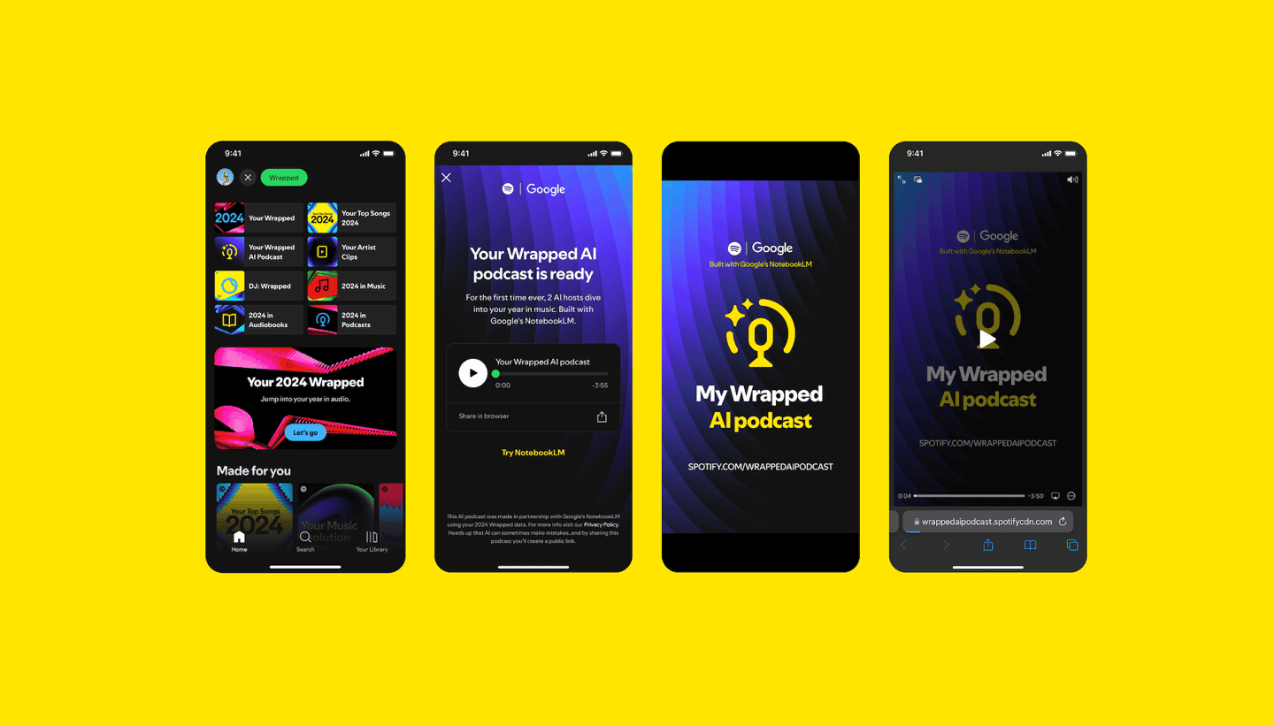 AI-powered music and podcast platform showcasing wrapped playlists and Google AI podcast integration, emphasizing modern tech, music, and audio content creation.