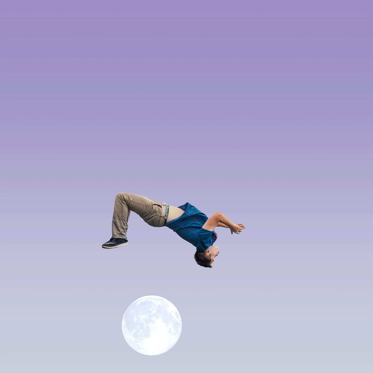 A young boy flipping backwards mid-air above the moon against a pastel purple sky, creating a surreal and imaginative scene. perfect for illustrating creativity, dreams, or fantasy concepts related to space and childhood imagination.