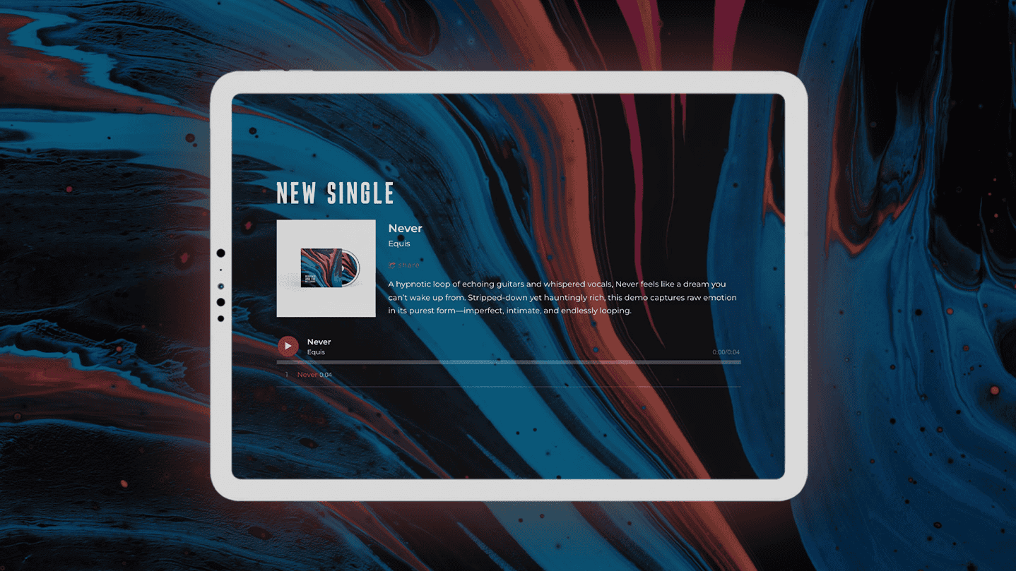 New single music release by Never Equis featuring echoing guitars and whispered vocals, captivating demo music track, vibrant abstract background showing album art on digital device.