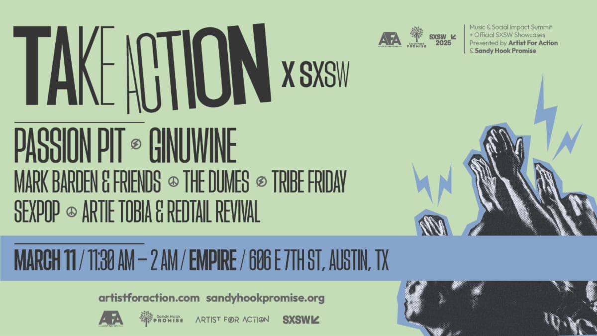 Energetic promotional poster for the SXSW music event featuring Take Action, Passion Pit, GINUWINE, and more, scheduled for March 11 at Empire in Austin, Texas.