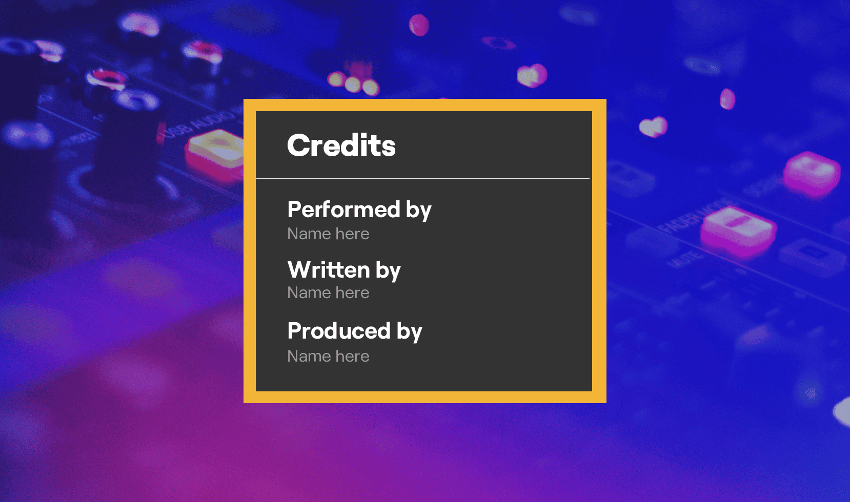 Credits section on music production software interface, highlighting performance, writing, and production credits in a digital music studio environment.