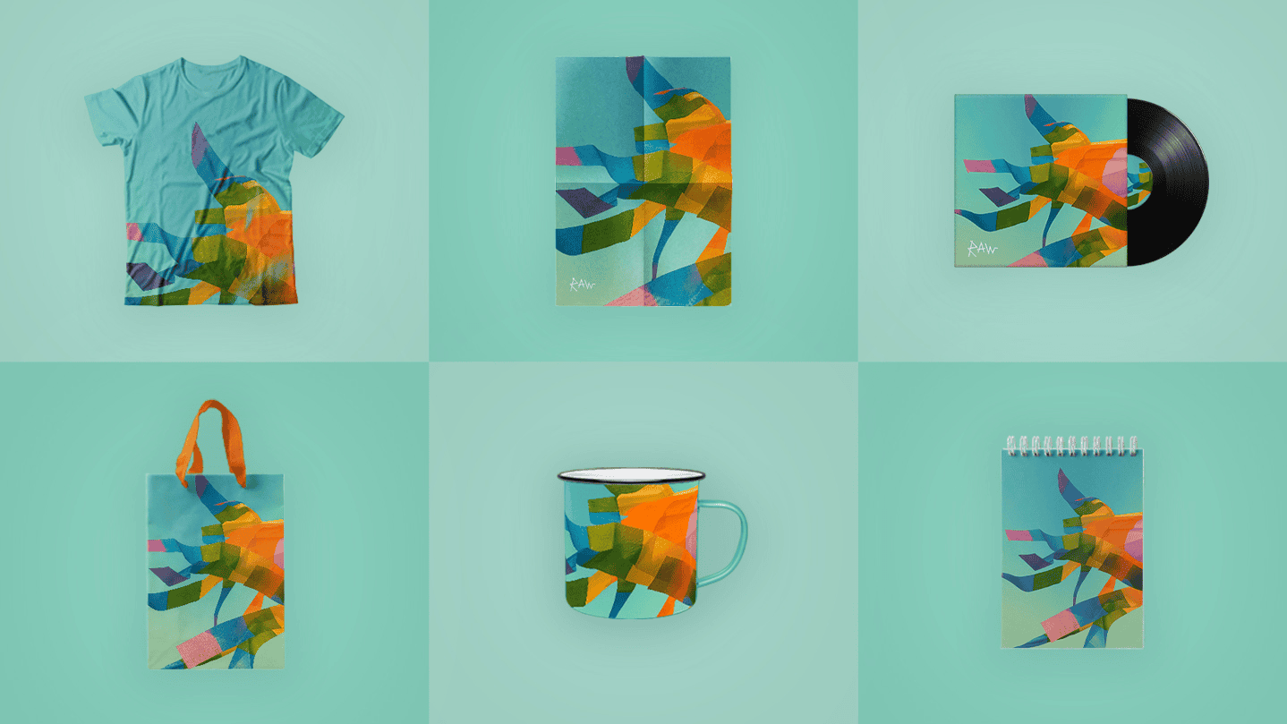 Colorful abstract merchandise collection, includes t-shirt, tote bag, mug, notebook, vinyl record, and poster, showcasing vibrant geometric art design for music branding or artist merchandise.