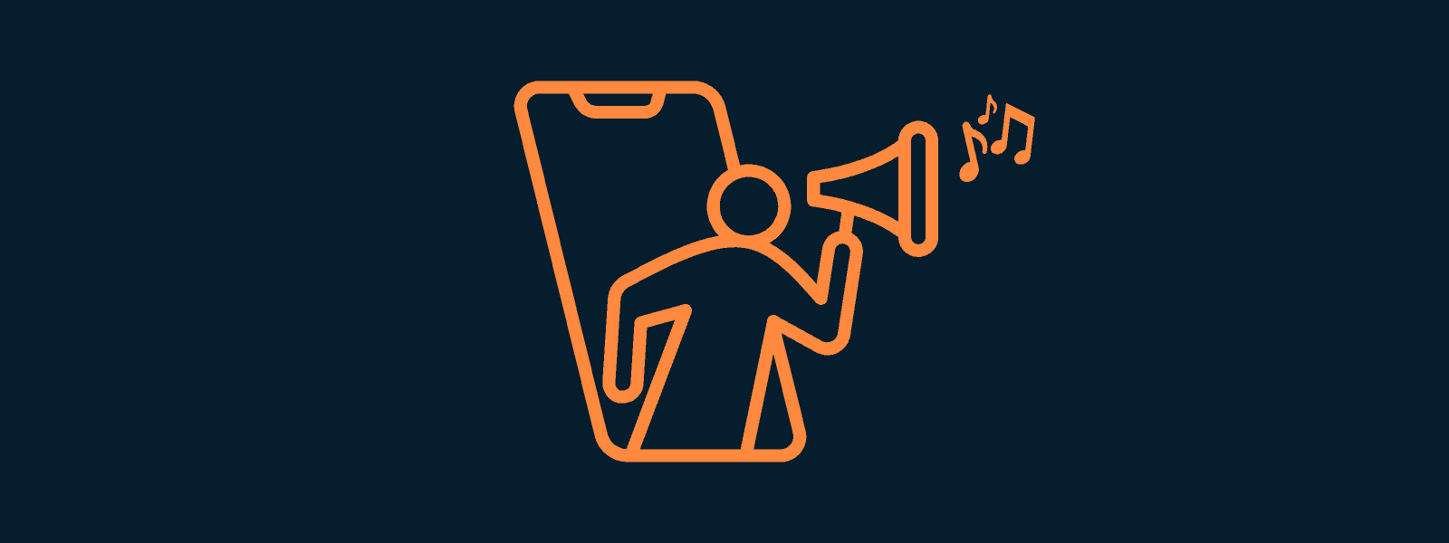 Mobile phone icon with a person speaking into a megaphone, representing digital marketing and social media promotion in the music industry.