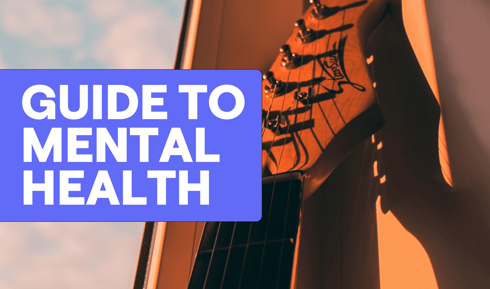 Guided meditation for mental health, guitar close-up, promoting wellness and self-care through music. Inspirational image highlighting mental health support and relaxation techniques.