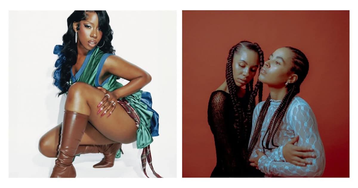 Vibrant urban music artists, one posing confidently in colorful fashion, the other embracing in a moody red setting, highlighting contemporary music culture and emerging talents.