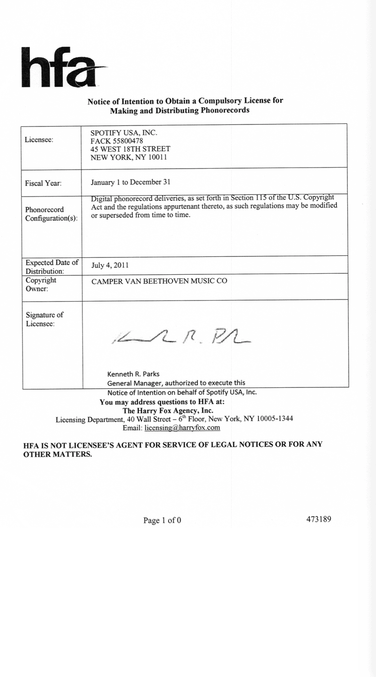 Notice of legal license for making and distributing phone records, issued to Spotify by HFA, with signature of licensee Kenneth R. Parks, authorized to execute on behalf of Spotify USA Inc.