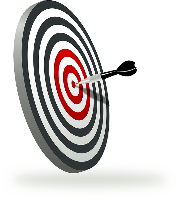 Target-dartboard-with-black-white-red-concentric-circles-and-dart hitting-center-aiming-for-success-and-precision-in-marketing-and-business-aim-high-image.