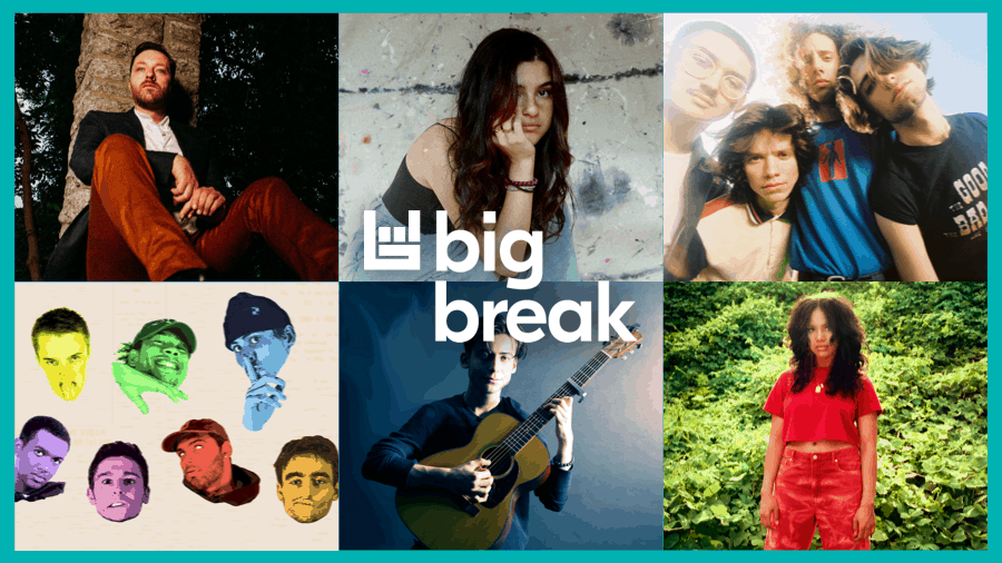 Music artist promotional group photo, diverse young people enjoying live concert, band performing on stage with guitar, casual outdoor photoshoot, vibrant music event images for hypebot SEO optimization.