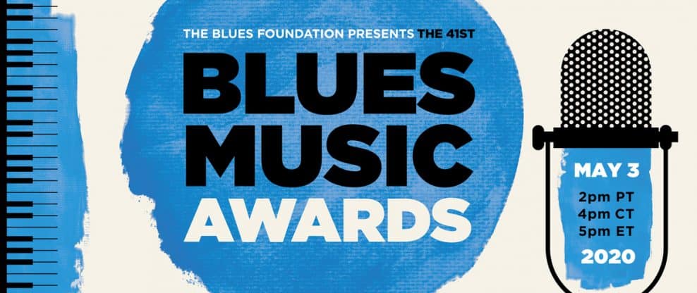 Insightful blue themed blues music awards event poster highlighting the date and time of the 41st Blues Music Awards, showcasing an iconic microphone for live music recognition, perfect for music industry promotion and blues culture SEO.